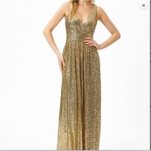 Kate Kasin Bright Gold Sequin Maxi Gown XS Elegant Formal Evening Dress Deep V